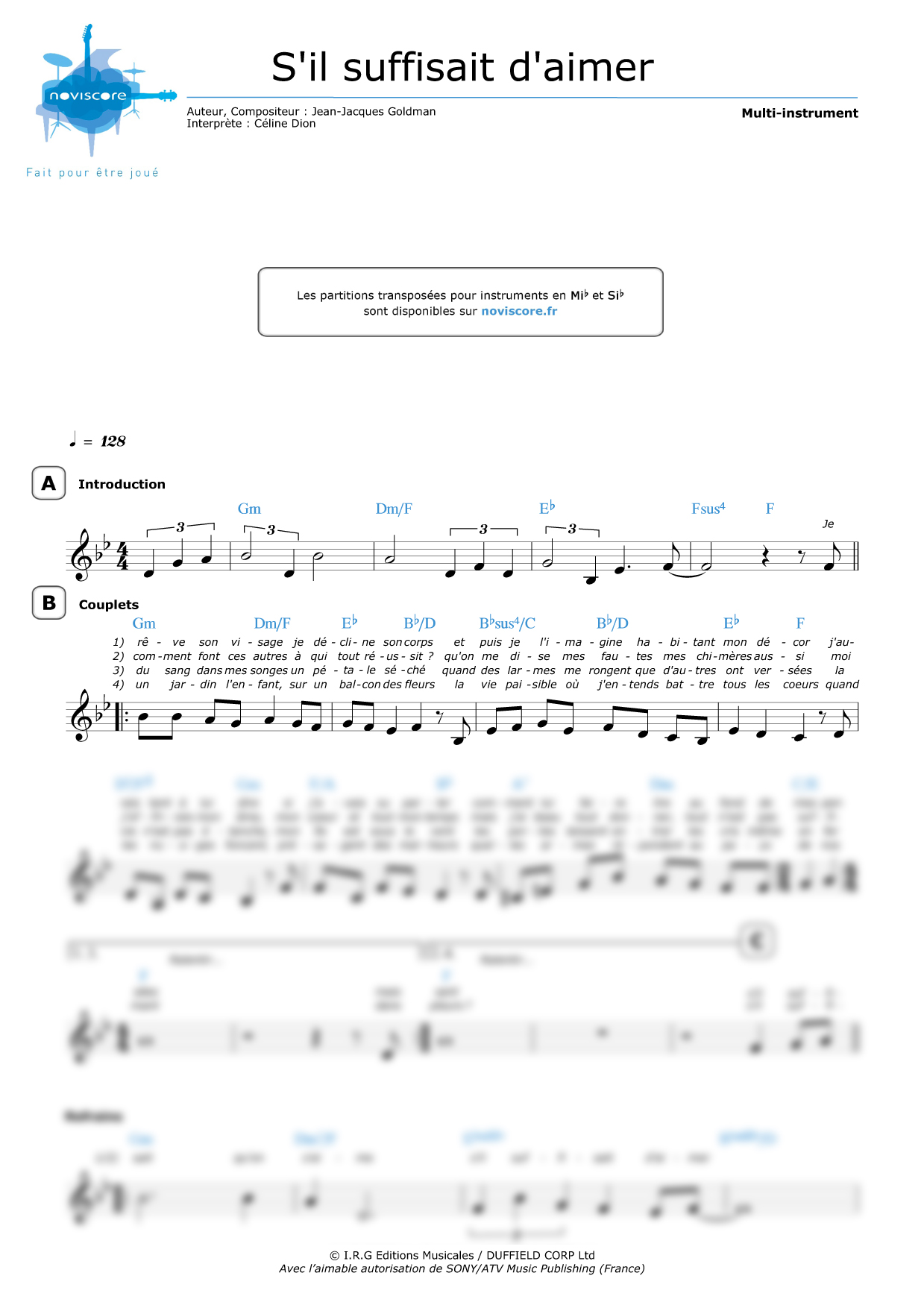 partition piano s'il suffisait d'aimer gratuite