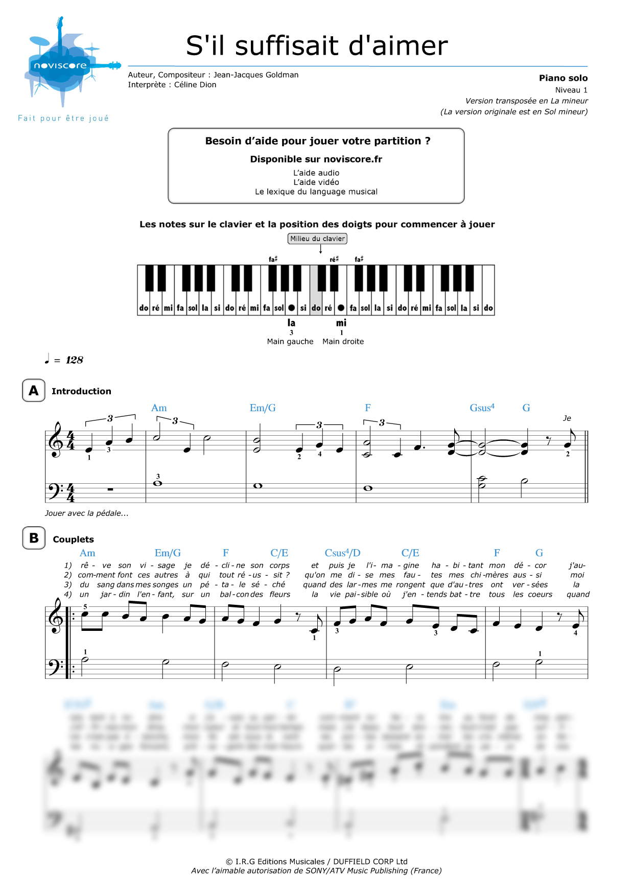 partition piano s'il suffisait d'aimer gratuite