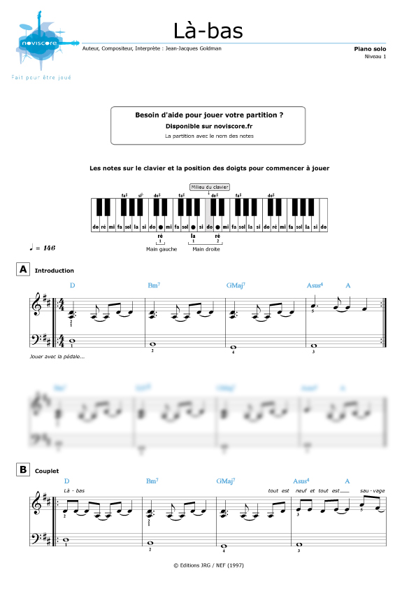 Jean Jacques Goldman Las Bas Paroles Partition piano Là-bas (Jean-Jacques Goldman) | Partitions Noviscore