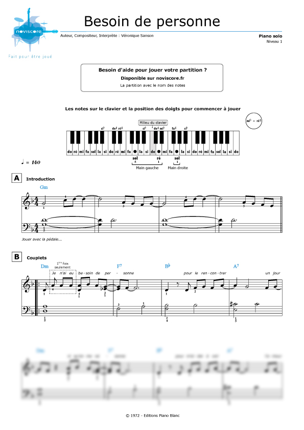 Partition piano Besoin de personne (Véronique Sanson) Partitions