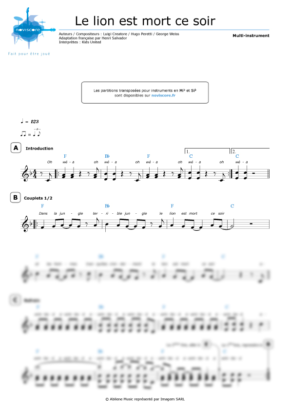 Le Lion Est Mort Ce Soir Paroles Pdf Partition Le Lion est mort ce soir - (Kids United) - partition facile