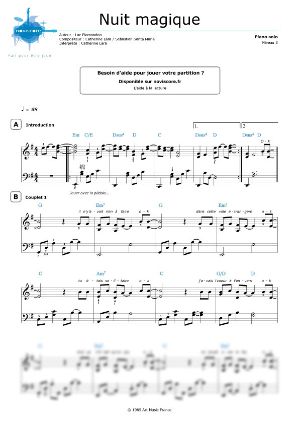 Partition piano Nuit magique (Catherine Lara) | Partitions Noviscore
