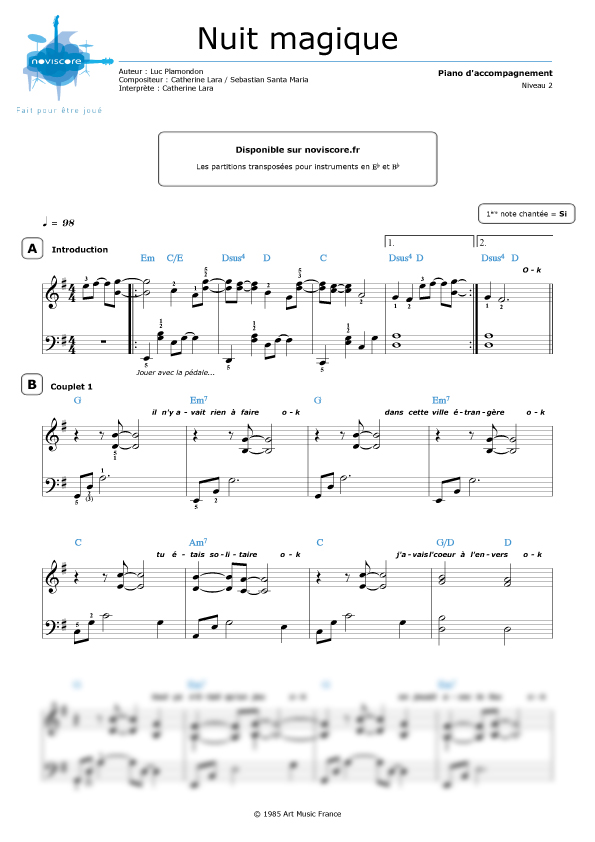 Partition piano Nuit magique (Catherine Lara) | Partitions Noviscore