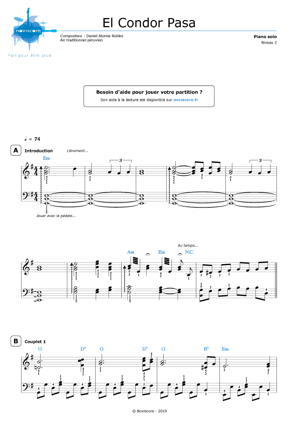 Partition piano El Condor Pasa (Los Incas) Partitions Noviscore