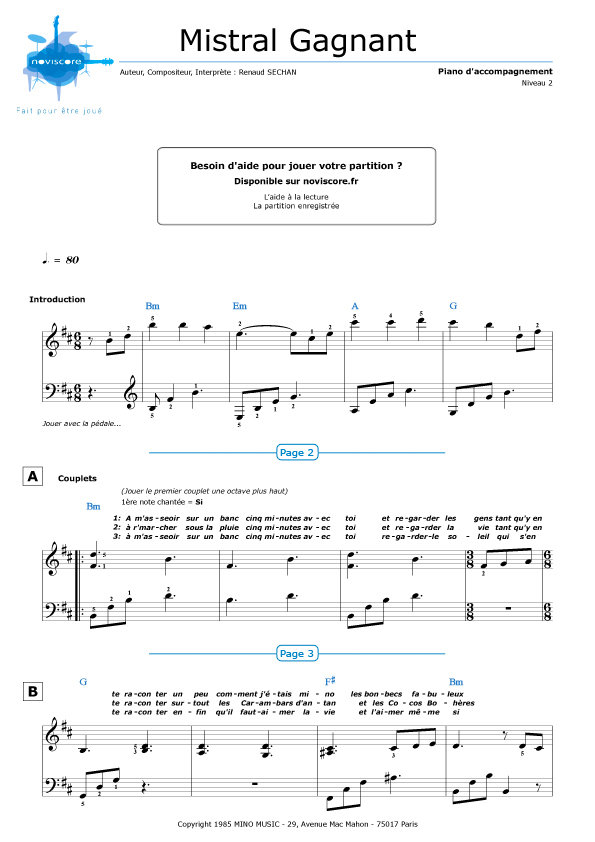 Partition piano renaud mistral gagnant