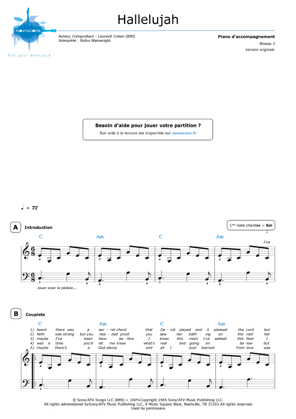 partition piano hallelujah gratuite