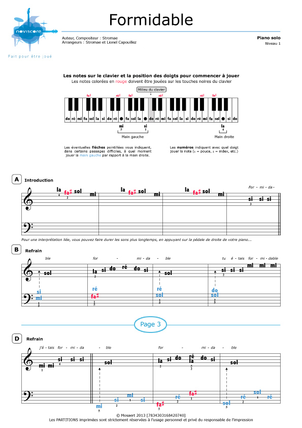 Partition piano avec chiffre