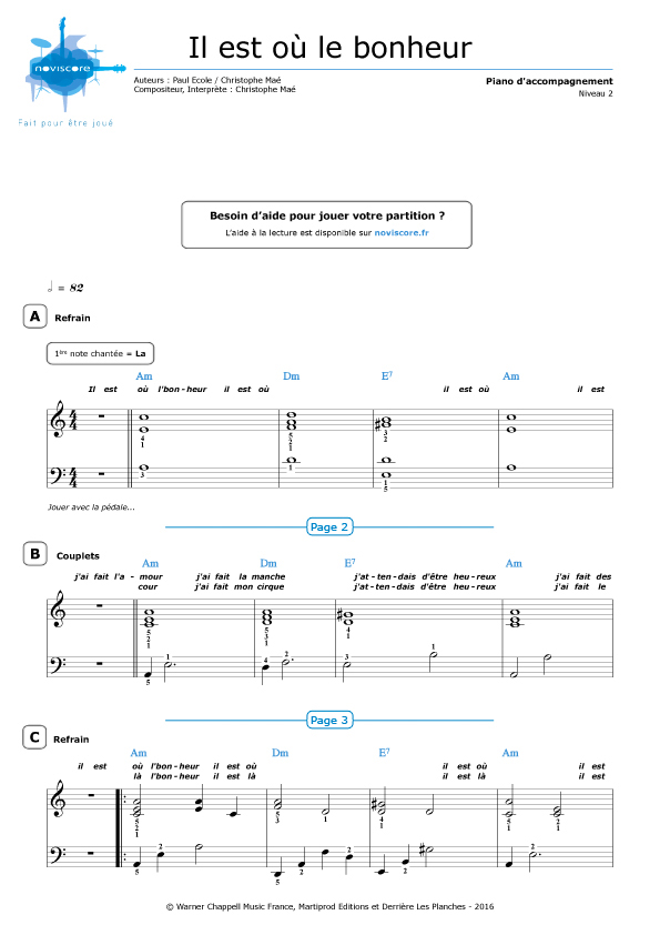 Amblance Il Est Ou Le U Partition piano Il est où le bonheur (Christophe Maé) | Partitions