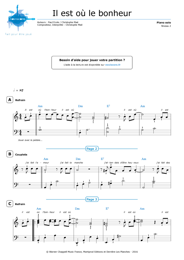 Amblance Il Est Ou Le U Partition piano Il est où le bonheur (Christophe Maé) | Partitions