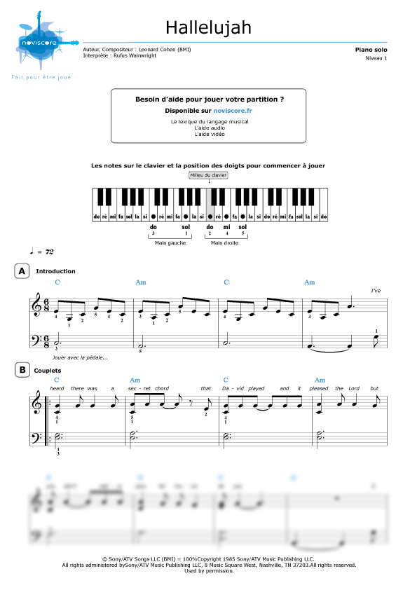 partition piano hallelujah gratuite