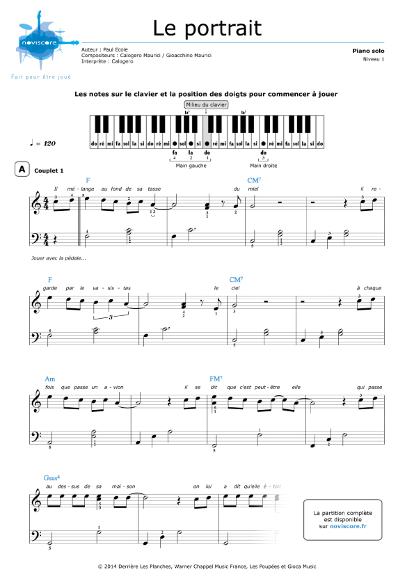 Partition piano Le portrait - Calogero Partition