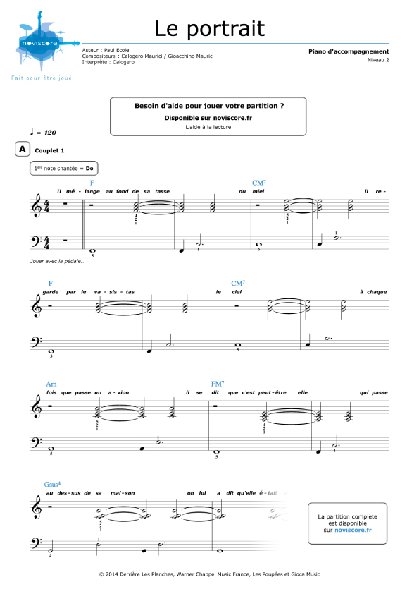 Partition piano Le portrait Calogero Partitions