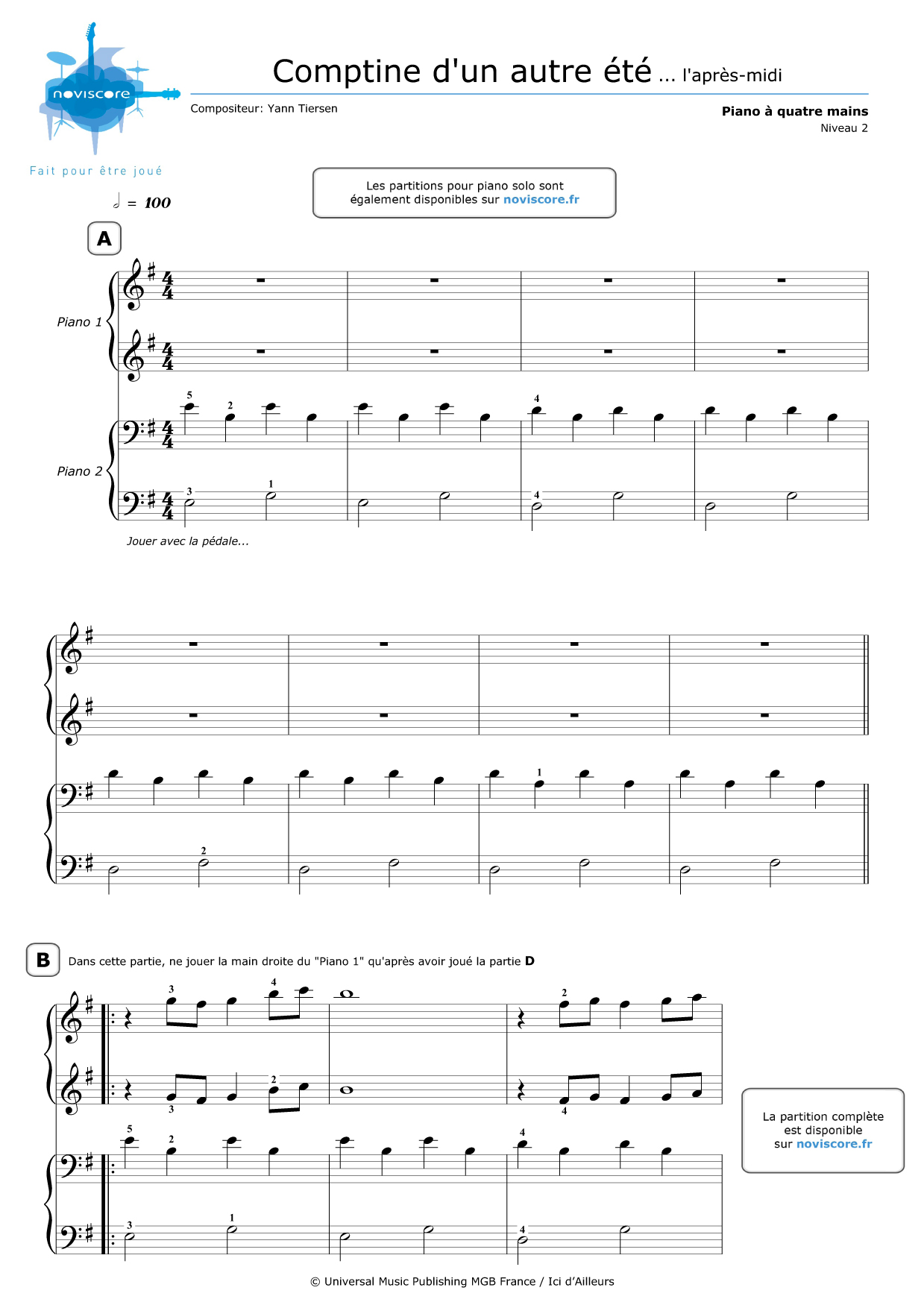 Comment Jouer Comptine D Un Autre Ete Au Piano Partition piano 4 mains gratuite Comptine d'un autre été (Yann Tiersen